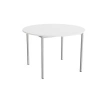 Kantinebord Ø120cm i hvid højtrykslaminat med alugråt stel, højde 80cm