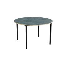 Kantinebord Ø120cm i mørk grå linoleum med sort stel, højde 72cm