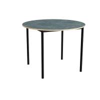 Kantinebord Ø120cm i mørk grå linoleum med sort stel, højde 90cm