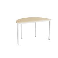Halvrundt elevbord 120x60cm i lydd&aelig;mpende birk laminat med hvidt stel, h&oslash;jde 72cm