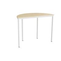 Halvrundt elevbord 120x60cm i lydd&aelig;mpende birk laminat med hvidt stel, h&oslash;jde 90cm