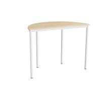Halvrundt elevbord 120x60cm i lydd&aelig;mpende birk laminat med hvidt stel, h&oslash;jde 90cm