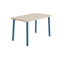 B&oslash;rnebord 120x70cm i lydd&aelig;mpende hvidpigmenteret eg laminat med bl&aring;t stel, h&oslash;jde 72cm