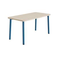 B&oslash;rnebord 140x70cm i lydd&aelig;mpende hvidpigmenteret eg laminat med bl&aring;t stel, h&oslash;jde 72cm