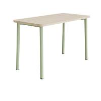 B&oslash;rnebord 140x70cm i lydd&aelig;mpende hvidpigmenteret eg laminat med gr&oslash;nt stel, h&oslash;jde 90cm