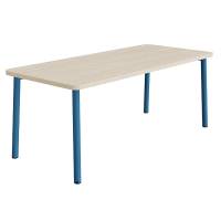B&oslash;rnebord 180x80cm i hvidpigmenteret eg laminat med bl&aring;t stel, h&oslash;jde 72cm