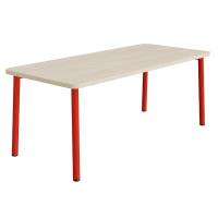 B&oslash;rnebord 180x80cm i hvidpigmenteret eg laminat med r&oslash;dt stel, h&oslash;jde 72cm