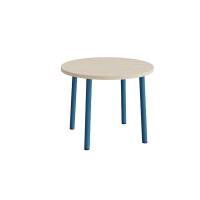 Rundt b&oslash;rnebord &Oslash;90cm i hvidpigmenteret eg laminat med bl&aring;t stel, h&oslash;jde 72cm 