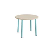 Rundt børnebord Ø90cm i hvidpigmenteret eg laminat med turkis stel, højde 72cm 