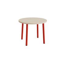 Rundt b&oslash;rnebord &Oslash;90cm i hvidpigmenteret eg laminat med r&oslash;dt stel, h&oslash;jde 72cm 