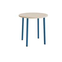 Rundt b&oslash;rnebord &Oslash;90cm i hvidpigmenteret eg laminat med bl&aring;t stel, h&oslash;jde 90cm