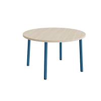 Rundt b&oslash;rnebord &Oslash;120cm i hvidpigmenteret eg laminat med bl&aring;t stel, h&oslash;jde 72cm