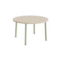 Rundt b&oslash;rnebord &Oslash;120cm i hvidpigmenteret eg laminat med gr&oslash;nt stel, h&oslash;jde 72cm