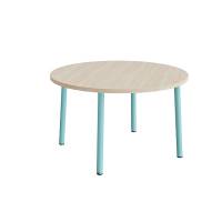 Rundt b&oslash;rnebord &Oslash;120cm i hvidpigmenteret eg laminat med turkis stel, h&oslash;jde 72cm 