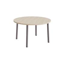 Rundt b&oslash;rnebord &Oslash;120cm i hvidpigmenteret eg laminat med gr&aring;t stel, h&oslash;jde 72cm 