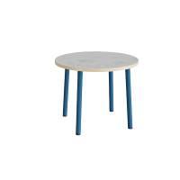 Rundt børnebord Ø90cm i lys grå linoleum med blåt stel, højde 72cm 