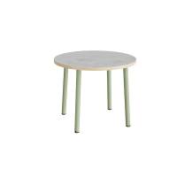 Rundt børnebord Ø90cm i lys grå linoleum med grønt stel, højde 72cm 