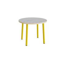 Rundt børnebord Ø90cm i lys grå linoleum med gult stel, højde 72cm