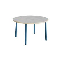Rundt b&oslash;rnebord &Oslash;120cm i lys gr&aring; linoleum med bl&aring;t stel, h&oslash;jde 72cm 