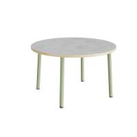 Rundt b&oslash;rnebord &Oslash;120cm i lys gr&aring; linoleum med gr&oslash;nt stel, h&oslash;jde 72cm 