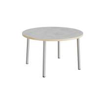 Rundt b&oslash;rnebord &Oslash;120cm i lys gr&aring; linoleum med alugr&aring;t stel, h&oslash;jde 72cm 