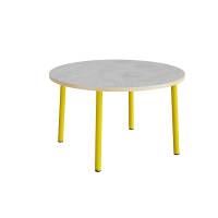 Rundt b&oslash;rnebord &Oslash;120cm i lys gr&aring; linoleum med gult stel, h&oslash;jde 72cm 