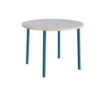 Rundt b&oslash;rnebord &Oslash;120cm i lys gr&aring; linoleum med bl&aring;t stel, h&oslash;jde 90cm 