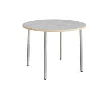 Rundt b&oslash;rnebord &Oslash;120cm i lys gr&aring; linoleum med alugr&aring;t stel, h&oslash;jde 90cm