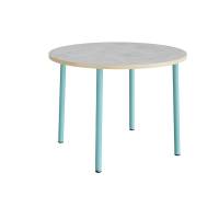 Rundt b&oslash;rnebord &Oslash;120cm i lys gr&aring; linoleum med turkis stel, h&oslash;jde 90cm