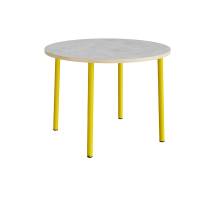 Rundt børnebord Ø120cm i lys grå linoleum med gult stel, højde 90cm