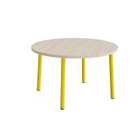 Rundt b&oslash;rnebord &Oslash;120cm i lydd&aelig;mpende hvidpigmenteret eg laminat med gult stel, h&oslash;jde 72cm 