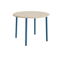 Rundt b&oslash;rnebord &Oslash;120cm i lydd&aelig;mpende hvidpigmenteret eg laminat med bl&aring;t stel, h&oslash;jde 90cm 