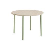 Rundt b&oslash;rnebord &Oslash;120cm i lydd&aelig;mpende hvidpigmenteret eg laminat med gr&oslash;nt stel, h&oslash;jde 90cm