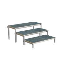 Idol b&aelig;nk med 3 trappe sektioner i m&oslash;rk gr&aring; linoleum og alugr&aring;t stel 