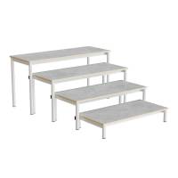 Idol b&aelig;nk med 4 trappe sektioner i lys gr&aring; linoleum og hvidt stel 