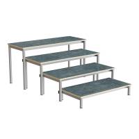 Idol b&aelig;nk med 4 trappe sektioner i m&oslash;rk gr&aring; linoleum og alugr&aring;t stel 