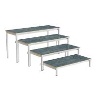 Idol b&aelig;nk med 4 trappe sektioner i m&oslash;rk gr&aring; linoleum og hvidt stel 