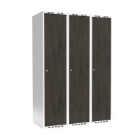 Garderobeskab 3x400mm med lige tag, døre i nocturne wood med cylinderlåse