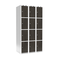 Garderobeskab 3x300mm, lige tag, 4 d&oslash;re pr. s&oslash;jle i nocturne wood med cylinderl&aring;s