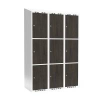 Garderobeskab 3x400mm, skråt tag, 3 døre pr. søjle i nocturne wood med cylinderlås