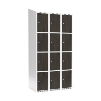 Garderobeskab 3x300mm, skråt tag, 4 døre pr. søjle i nocturne wood med cylinderlås