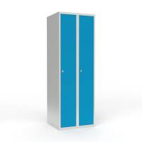 Skoleskab i stål med 2 rum, lige tag og hængelås 60x55x175cm lys blå