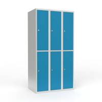 Skoleskab i stål med 6 rum, lige tag og hængelås 90x55x175cm lys blå