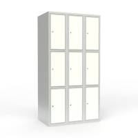 Skoleskab 90x55x175cm, 9 rum, lige tag, hvide d&oslash;re, cylinderl&aring;se