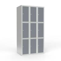 Skoleskab 90x55x175cm, 9 rum, lige tag, grå døre, cylinderlåse