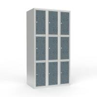 Skoleskab 90x55x175cm, 9 rum, lige tag, sorte d&oslash;re, cylinderl&aring;se