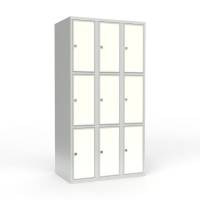 Skoleskab 90x55x175cm, 9 rum, lige tag, hvide d&oslash;re, h&aelig;ngel&aring;se