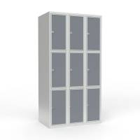 Skoleskab 90x55x175cm, 9 rum, lige tag, gr&aring; d&oslash;re, h&aelig;ngel&aring;se