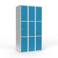 Skoleskab i stål med 9 rum og hængelås 90x55x175cm lys blå