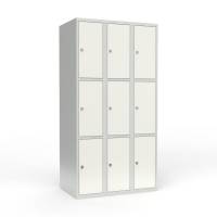 Skoleskab i st&aring;l med 9 rum, lige tag og h&aelig;ngel&aring;s 90x55x175cm hvid